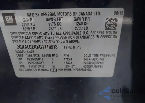 2016 Chevrolet Equinox Lt z USA, uszkodzony, nr VIN 2GNALCEKXG1110518